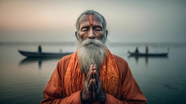 Elderly Sadhu Meditating by the Ganges River at Sunrise, Varanasi