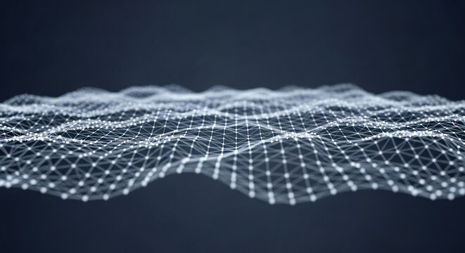 Abstract white network of glowing dots and lines forming a wavy mesh on a dark background