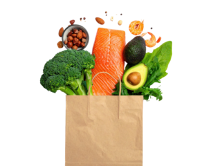 Healthy foods overflowing from a brown paper bag