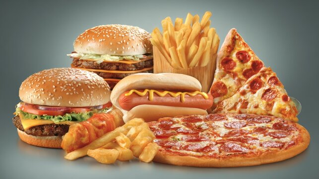 Assortment of classic fast food items featuring juicy hamburgers, grilled hot dogs, cheesy pizza slices, and crispy french fries presented together in a tasty comfort food collection