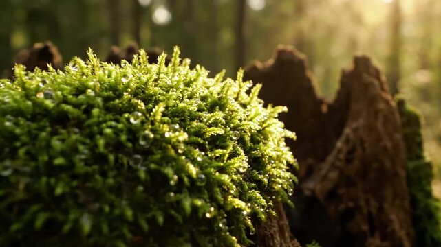 Dynamic shot of moss covered ancient tree bark, with dappled sunlight filtering through leaves, creating a serene and timeless atmosphere. Environmental shot, integrating moss within its natural,?
