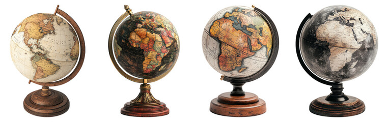 Vintage Globes Displayed on Stands Against a White Background, Isolated on Transparent Background