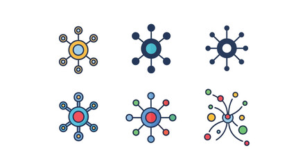 Colorful illustrations depicting virus or bacteria structures with varying color schemes