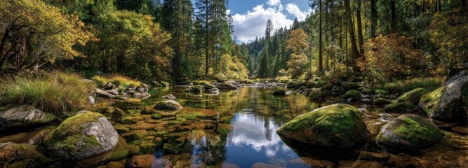 Fototapeta premium Forest stream with stones and trees