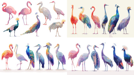 Obraz premium A vibrant illustration set of exotic birds including flamingos, cranes, peacocks, and herons in artistic colorful styles. Ideal for wildlife themes, decorative art, and nature inspired designs.