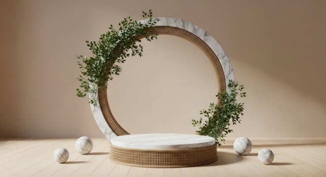 Aesthetic product display with marble pedestal, leafy arch, wooden floor, and spheres