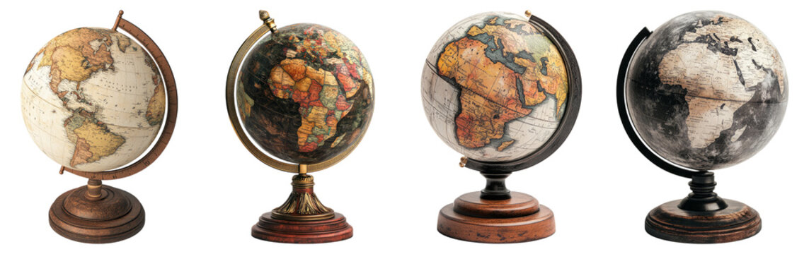 Vintage Globes Displayed on Stands Against a White Background, Isolated on Transparent Background