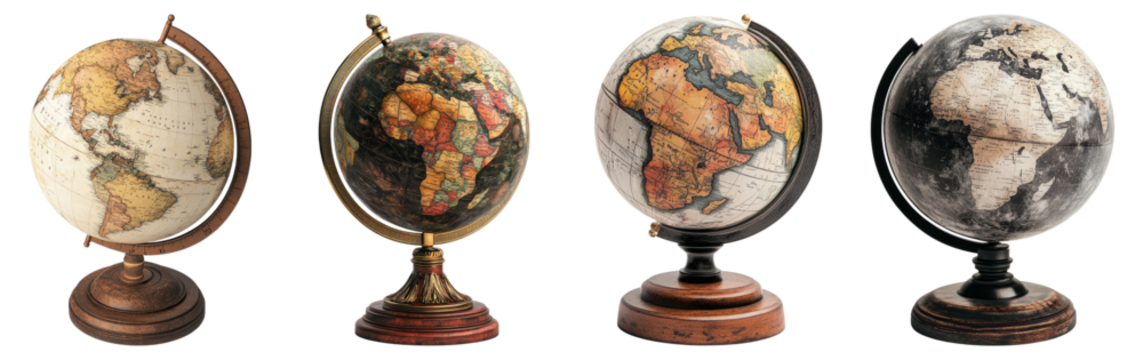 Vintage Globes Displayed on Stands Against a White Background, Isolated on Transparent Background