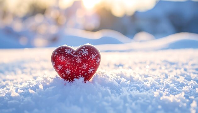 Red heart in snow, winter sunrise