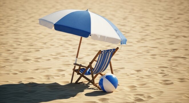Beach scene with blue and white umbrella, deck chair, and ball on sun-kissed sand