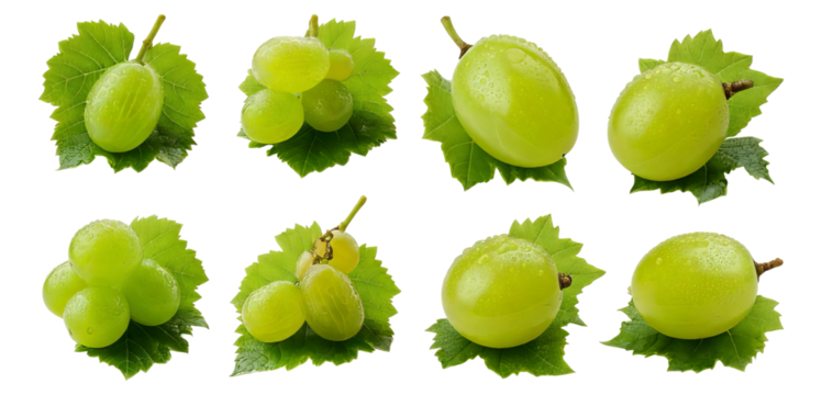 Fresh Green Grapes and Leaves Arrangement on White Background, Isolated on Transparent, white background