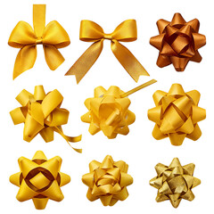 Collection of Decorative Golden Ribbons and Bows for Celebrations, Isolated on Transparent, white background