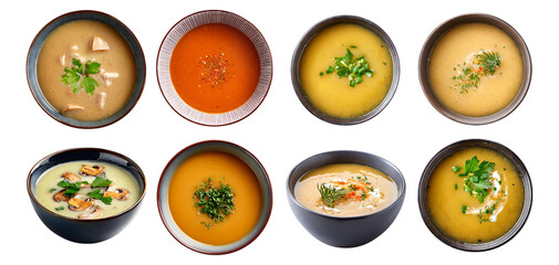 Variety of Delicious Soups in Bowls on White Background Display, Isolated on Transparent, white background