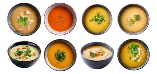 Variety of Delicious Soups in Bowls on White Background Display, Isolated on Transparent, white background