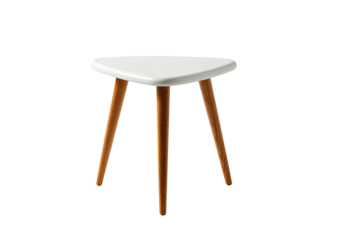 White triangular end table with three tapered wood legs