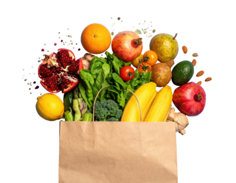 Produce in brown bag, colorful and plentiful.