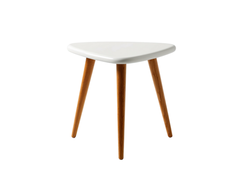 White triangular end table with three tapered wood legs