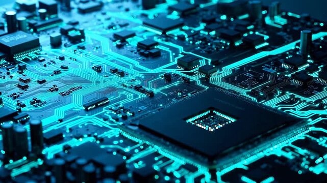 Close up angled view of blue electronic computer circuit board components
