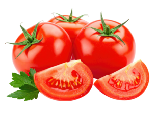 Glossy red tomatoes with green parsley, slice