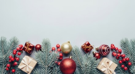 Bottom border of frosty fir, red berries, gold and red baubles, gift boxes on grey