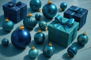 Blue gift boxes and assorted spherical ornaments arranged on a light blue surface