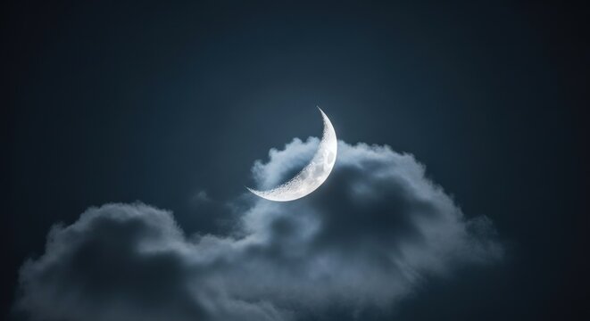 Bright crescent moon rising above dark, textured clouds in a deep blue night sky - Powered by Adobe