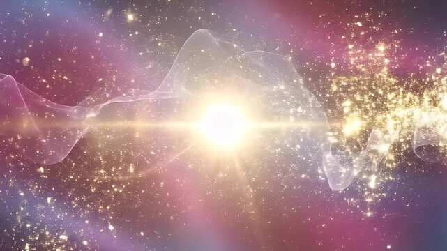 A dynamic and vibrant abstract background features a brilliant, pulsating light source at its core, emitting a cascade of glowing golden particles that shimmer and dance across the frame. Ethereal, tr