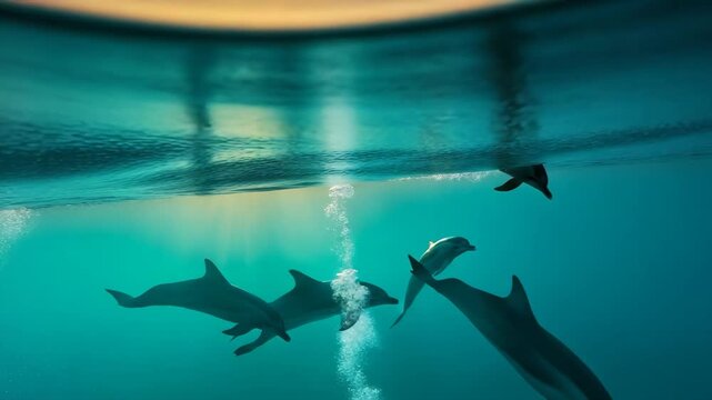 A vibrant underwater scene capturing a pod of dolphins swimming dynamically beneath the ocean surface during sunset, highlighting marine biodiversity and aquatic motion.