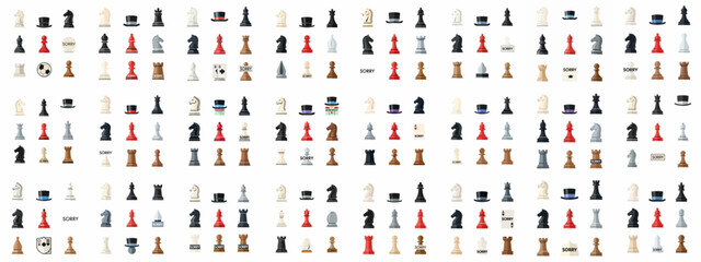 Vector pattern of classic board game tokens and strategy pieces, featuring chess figures, Monopoly hats, and 'Sorry!' game markers. © Sabiqul