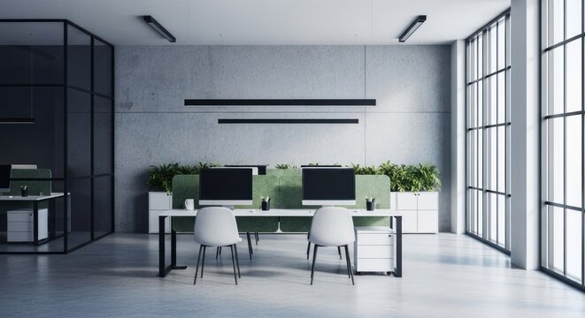 Bright, contemporary open-plan office featuring two workstations, concrete walls, and plants