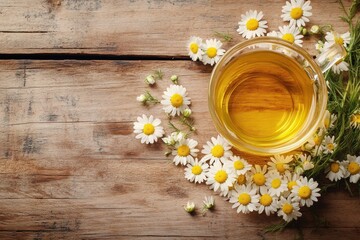 A serene wooden table adorned with a steaming cup of tea, surrounded by daisies and chamomile flowers, creating a tranquil setting. © Sean Hoong