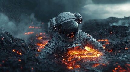 Astronaut traversing a fiery lava flow.