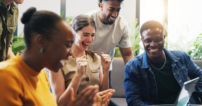 Business people, laptop and fist pump with celebration, teamwork and success for project funding approval. Staff, group and employees with tech, opportunity and promotion email with clapping hands - Powered by Adobe