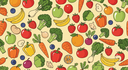 Colorful Seamless Pattern of Fresh Fruits and Vegetables