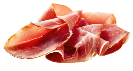 Thin slices of cured ham, layered, vibrant pink and red