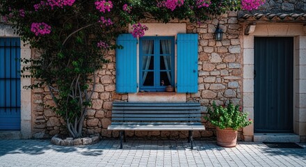 Charming stone building with blue shutters, vibrant pink flowers, bench, and patio