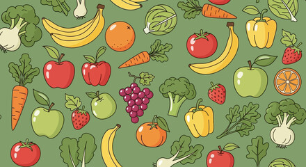 Colorful Seamless Pattern of Fresh Fruits and Vegetables