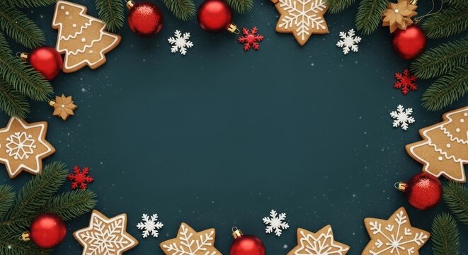 Christmas frame with fir branches, red baubles, gingerbread, and snowflakes on a dark background