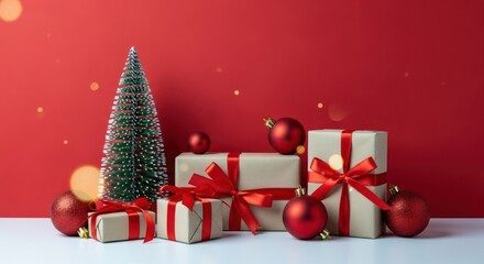 Christmas gifts wrapped in craft paper with red ribbons, baubles, and mini tree on red background