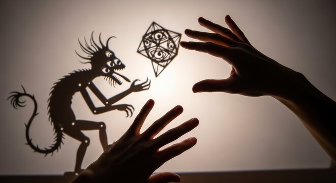Silhouette of hands holding and manipulating a dragon shadow puppet with a star-shaped object in a darkened room with a light source behind.