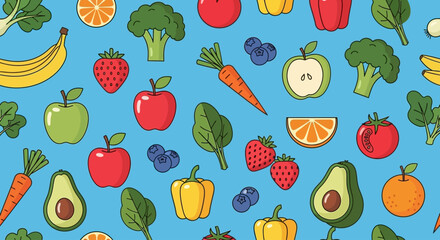 Colorful Seamless Pattern of Fresh Fruits and Vegetables