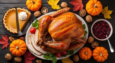 Delicious golden roasted turkey centerpiece for a festive holiday feast, surrounded by sweet pumpkin pie, tangy cranberry sauce, and autumn harvest decorations