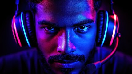 Close-up of a serious man wearing a neon-lit gaming headset in dark surroundings