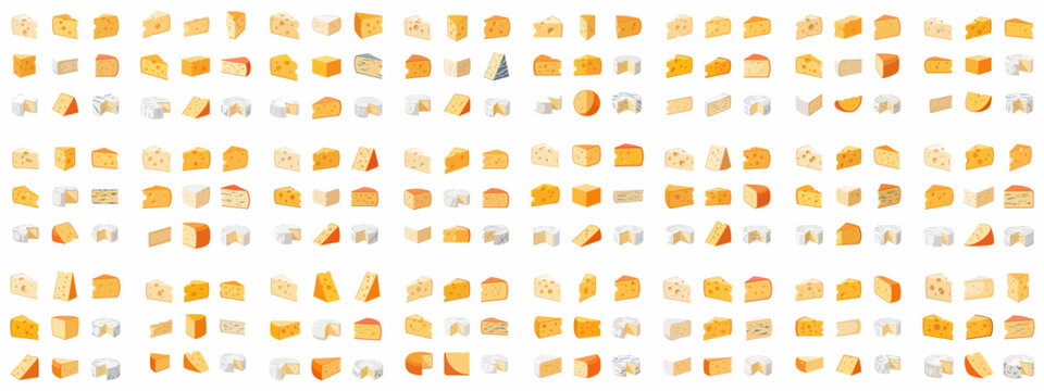 Seamless repeating pattern featuring a variety of stylized cheese icons, including wedges and rounds, representing different dairy products on white.