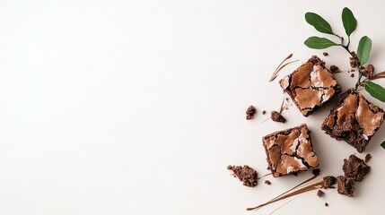 Three delicious chocolate brownies are presented with scattered crumbs and a drizzle of chocolate sauce, accented by fresh green leaves.