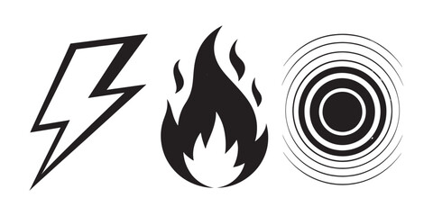 Energy Force Vector Icons: Lightning, Flame, and Sound Waves in Minimalist Style