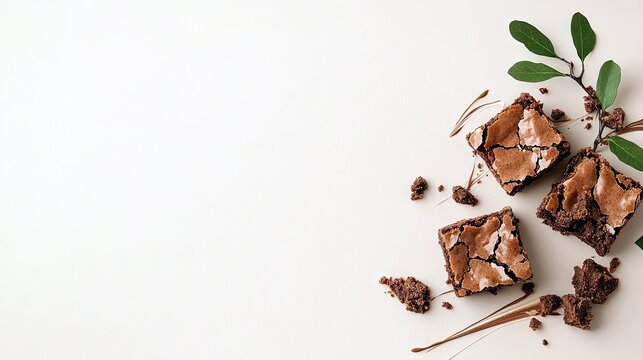 Three delicious chocolate brownies are presented with scattered crumbs and a drizzle of chocolate sauce, accented by fresh green leaves.