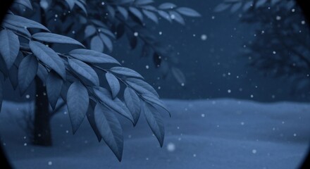 Close-up of frosted tree branches with leaves against a snowy, dark blue winter forest