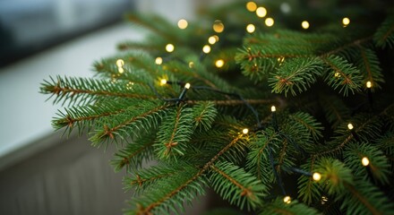 Close-up of green evergreen branches adorned with warm yellow string lights, glowing softly