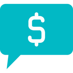 Teal speech bubble with a white dollar sign symbol inside against a transparent background symbolizing financial communication business transactions and money exchange